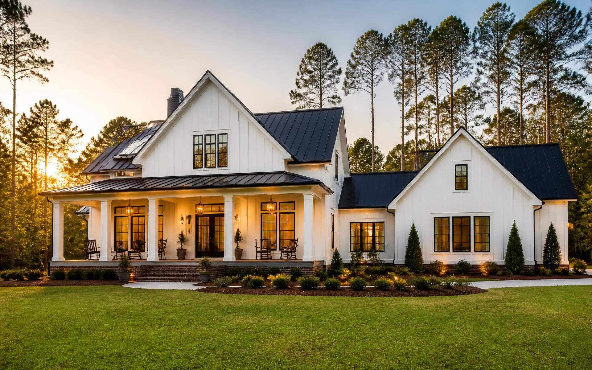 Custom white farmhouse with black metal roof and deep front porch built by Legacy Homes Inc