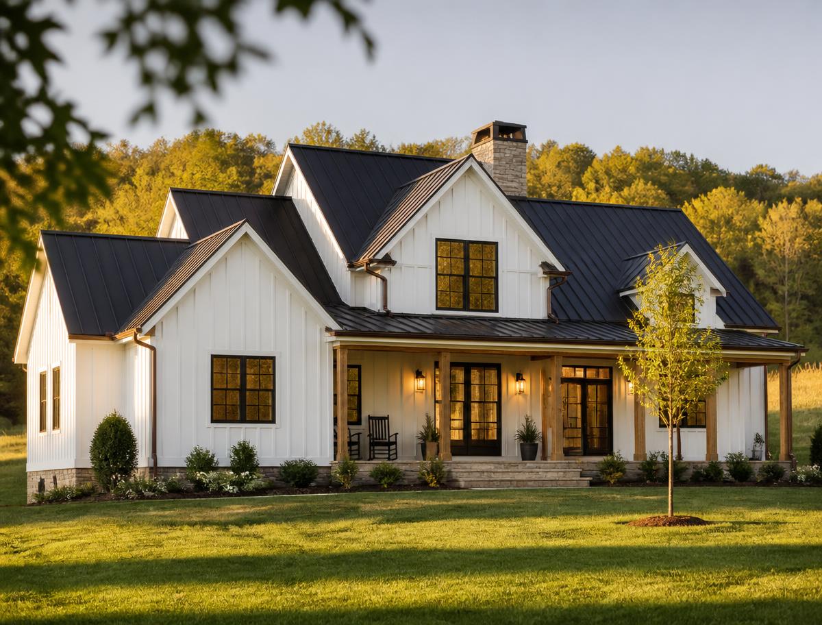 Completed white board-and-batten custom farmhouse with black metal roof