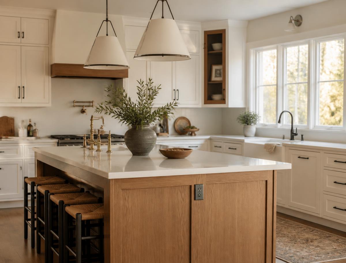 Renovated custom kitchen with white cabinets and oak island