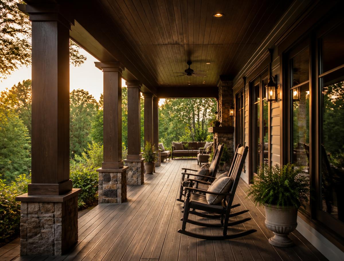 Covered back porch addition with wood columns and rocking chairs
